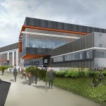 A concept drawing of the new Mount Si High School by NAC Architecture shows an elevated campus, which provides both protection from flooding and restricted visitor access. (Courtesy Photo)