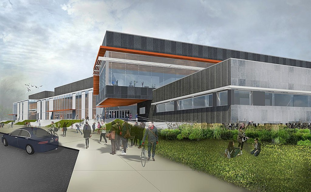 A concept drawing of the new Mount Si High School by NAC Architecture shows an elevated campus, which provides both protection from flooding and restricted visitor access. (Courtesy Photo)