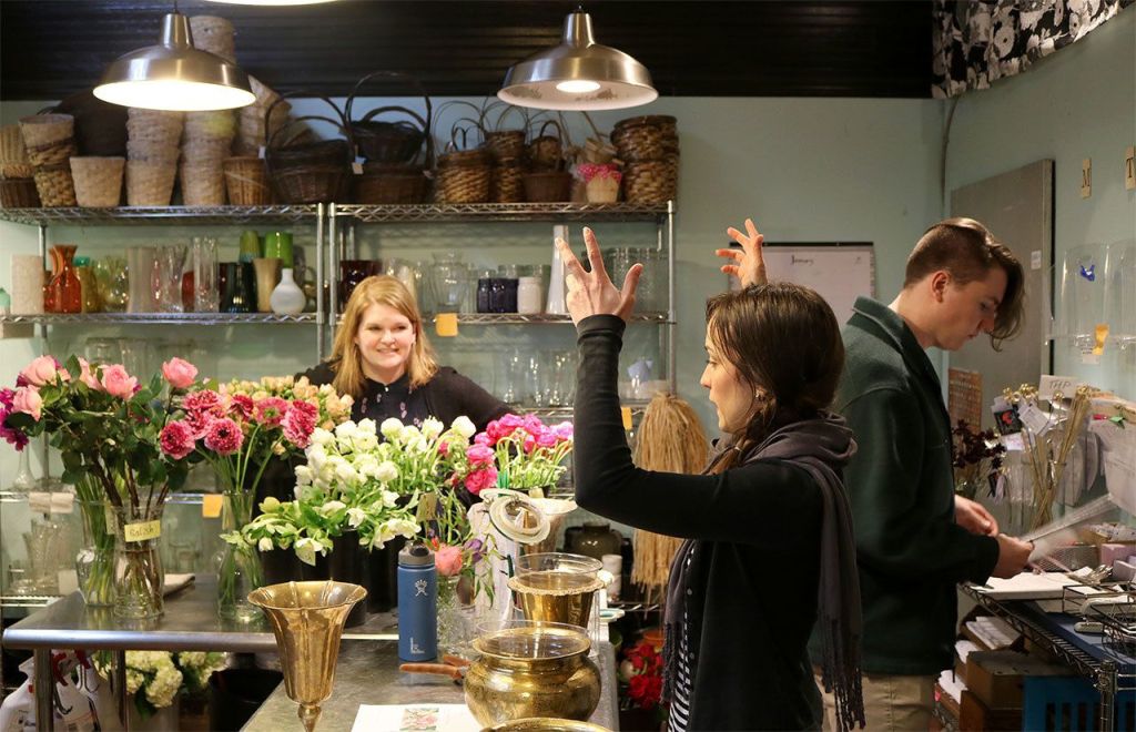 Alice Friedel and Casey Bilyeu discuss design at downtown Snoqualmie shop.                                Evan Pappas/Staff Photo