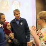 Islamic Scholar Alaa Badr, his daughter Mariam and Snoqualmie Mayor Matt Larson speak with Maple Valley councilmember Megan Sheridan after the presentation Saturday. (Evan Pappas/Staff Photo)