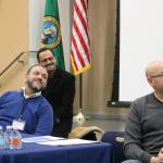 Alaa Badr, Usama Baioumy, and Monty Wright are thanked for their participation in the event by Snoqualmie Mayor Matt Larson. (Evan Pappas/Staff Photo)