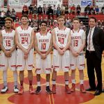 Photo courtesy of Calder Productions                                Mount Si High School celebrated senior night at the start of the boys basketball team&rsquo;s game against Woodinville Feb. 4. Seniors on the team include, from left: LJ Linton, Taylor Upton, Akram Baioumy, Logan Langseth, and Gavin Gorrell, with head coach Jason Griffith, assistant coaches Jeff Watson and Cole Westover, athletic trainer Taylor Baldwin and JV head coach, Lee Johnson.
