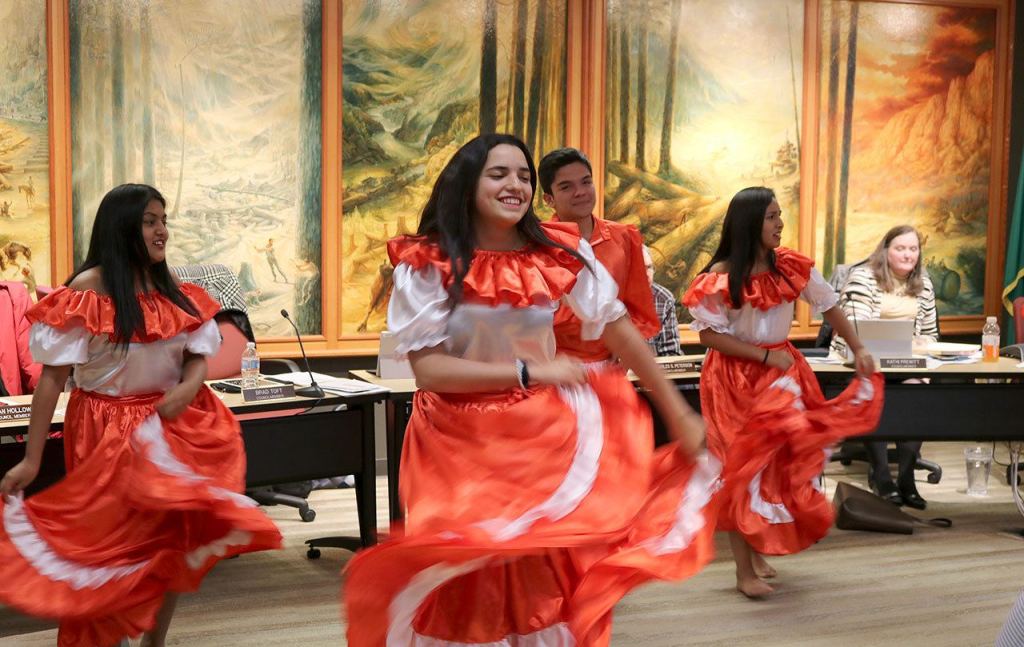 Exchange students from Chaclacayo, Peru perform a traditional dance at the Feb. 13 Snoqualmie City Council meeting.                                Evan Pappas/Staff Photos