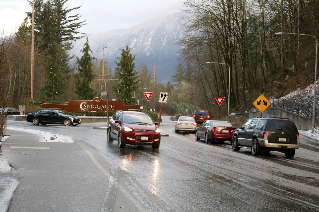 Cars leave the Snoqualmie Casino, heading west to I-90, or east to North Bend. Evan Papps/Staff Photo