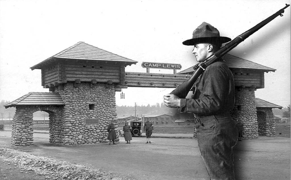A historic photo collage of Camp Lewis, with a soldier on parade. Courtesy Image