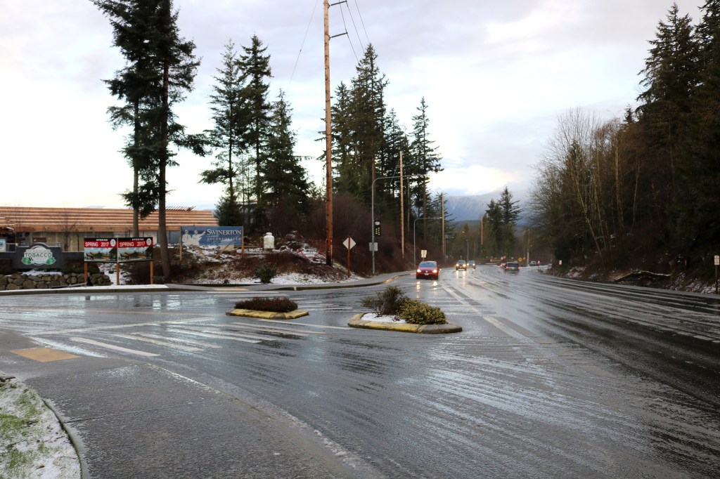 This intersection is the proposed site for a new roundabout, to be built by the Snoqualmie Tribe to service its new gas station and convenience store, now under construction. Evan Pappas/Staff Photo