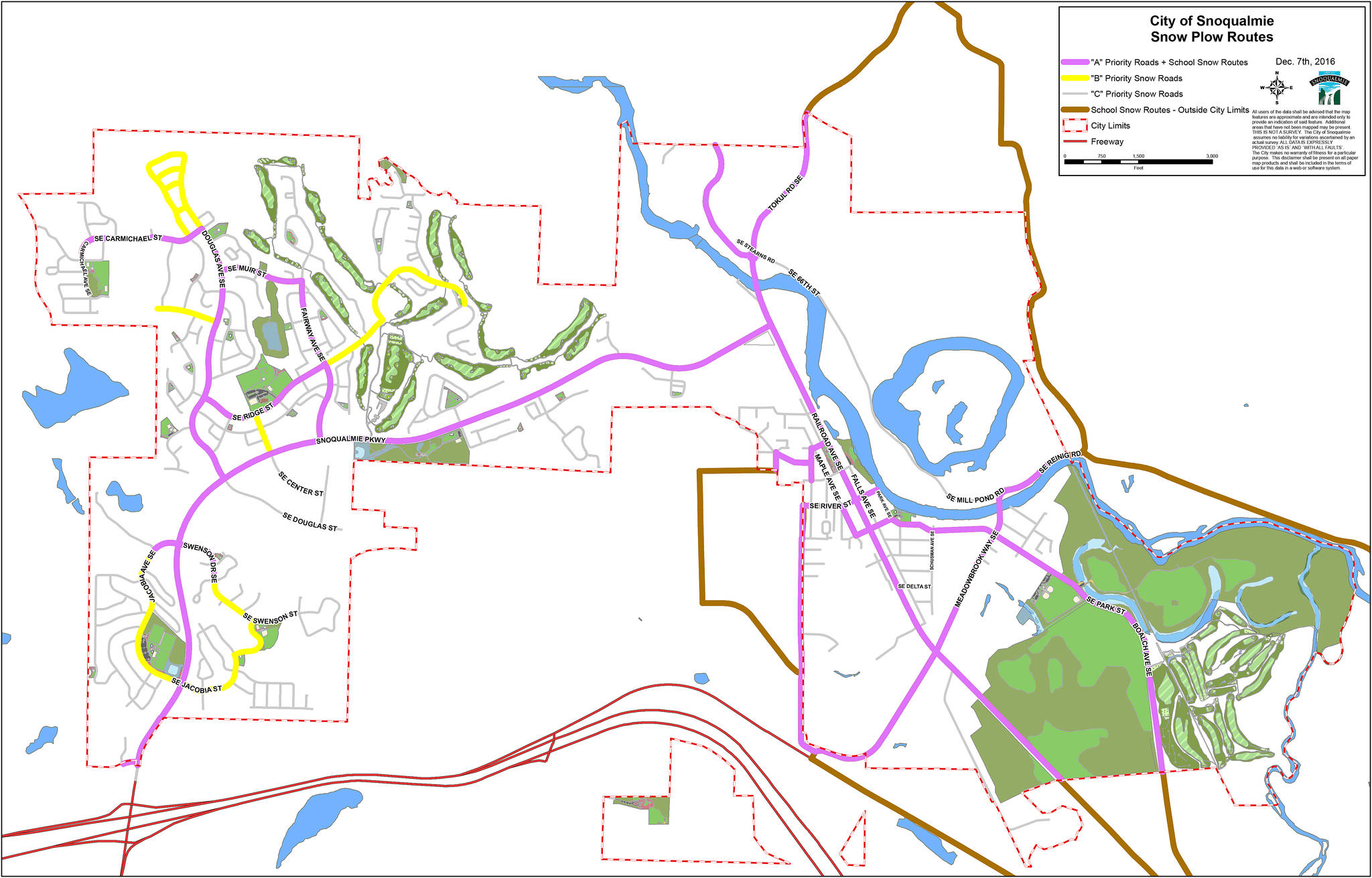 Courtesy of the city of Snoqualmie Snoqualmie&rsquo;s snow plow routes. The pink line covers the &ldquo;A&rdquo; priority roads, the yellow line covers the &ldquo;B&rdquo; priority roads, and the grey lines cover the &ldquo;C&rdquo; priority roads.