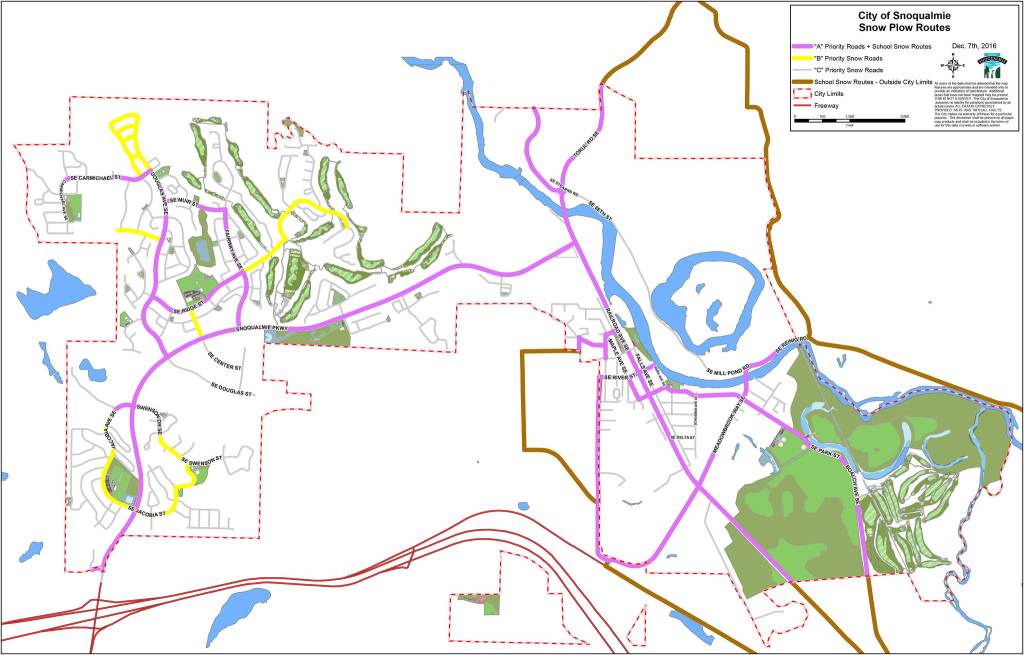 Courtesy of the city of Snoqualmie Snoqualmie&rsquo;s snow plow routes. The pink line covers the &ldquo;A&rdquo; priority roads, the yellow line covers the &ldquo;B&rdquo; priority roads, and the grey lines cover the &ldquo;C&rdquo; priority roads.