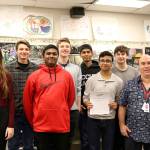 Mount Si students gathered on Monday, March 6, for Knowledge Bowl practice. From left: Lily Nordby, Preston Henning, Manjesh Puram, Noah Vaughn, Aayush Singh, Shyam Ghandi, Casey Harris, with Coach Kevin Knowles. (Evan Pappas/Staff Photo)