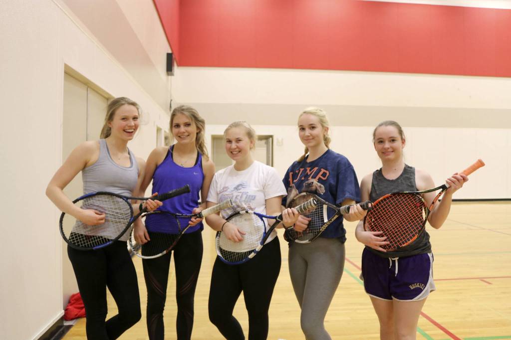 The Seniors of Mount Si&rsquo;s Girls Tennis team are training to make this season the best ever for the team. From left: Alex Sjoboen, Emily Schwabe, Allie Urbasich, Katie Larson and Hannah Jones. (Evan Pappas/Staff Photo)