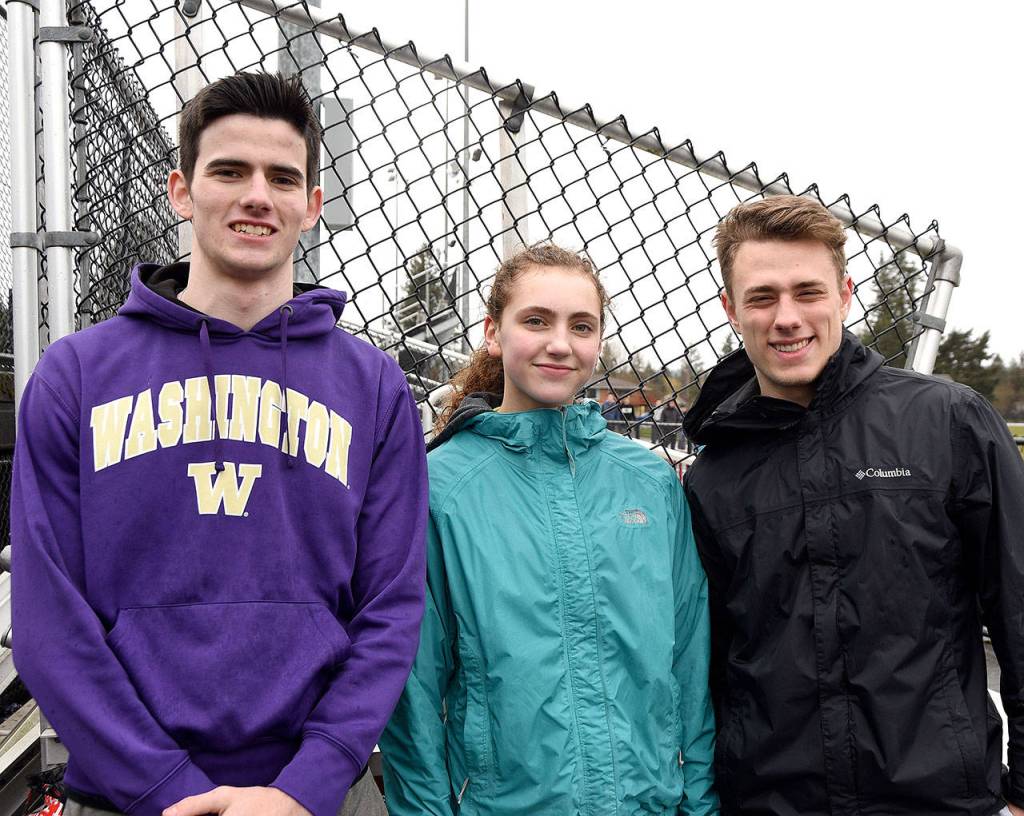 Representing the runners and jumpers for Mount Si are senior hurdler Matt Proctor, sophomore in long jump and triple jump Tatum Dalgleish, senior sprinter (100 and 200) Jacob Belceto.                                Carol Lawig/Staff Photo