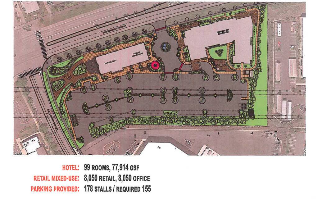 A top down plan of the proposed development which includes the 178-stall parking lot, 8,000 square feet of retail space and 8,000 square feet of office space. (Courtesy Photo)