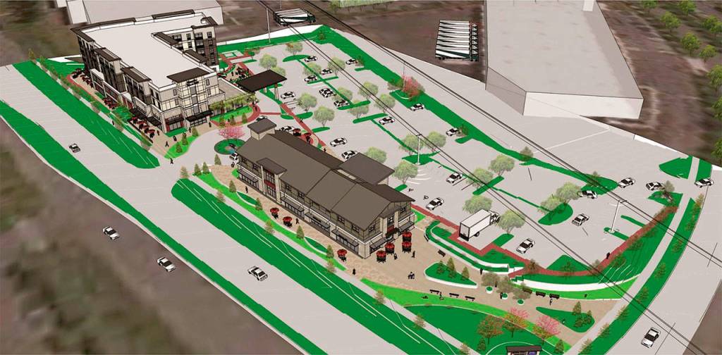 An aerial rendering of the hotel and retail building concept from Chun Lai Hospitality&rsquo;s presentation to the city council. (Courtesy Photo)