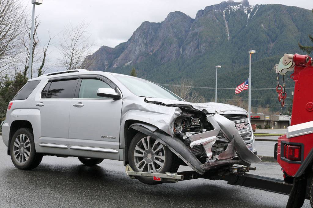 The driver of the vehicle accidentally collided with the pillar after confusing the gas and brake pedals. No one was injured. (Evan Pappas/Staff Photos)