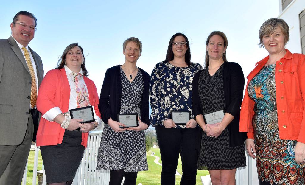 Educators of the Year were honored by the Snoqualmie Valley Schools Foundation and the school district last Thursday, at the schools foundation annual luncheon. Pictured from left are School Superintentendent Joel Aune, Classified Educator of the YearBrenna Vukovich, Elementary Educator of the Year Emily Larson, High School Educator of the Year Katelyn Walker, Middle School Educator of the Year Emily Rourke and Snoqualmie Valley Schools Foundation President Lorraine Thurston.                                 Carol Ladwig/Staff Photo