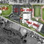 An aerial view of the future Mount Si High School indicates when various elements of the project will be complete and ready for use. The main school building is projected to open by the fall of 2019; work on the performing arts center and new ball fields will be completed the following year. (Courtesy Image)