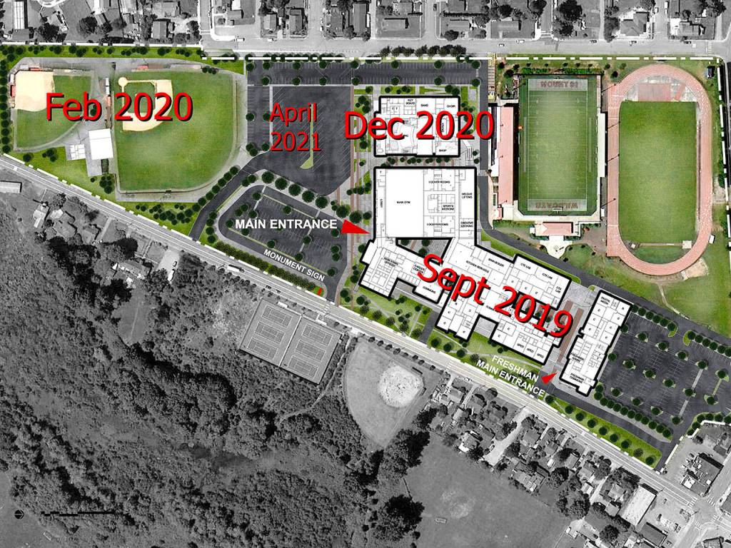 An aerial view of the future Mount Si High School indicates when various elements of the project will be complete and ready for use. The main school building is projected to open by the fall of 2019; work on the performing arts center and new ball fields will be completed the following year. (Courtesy Image)