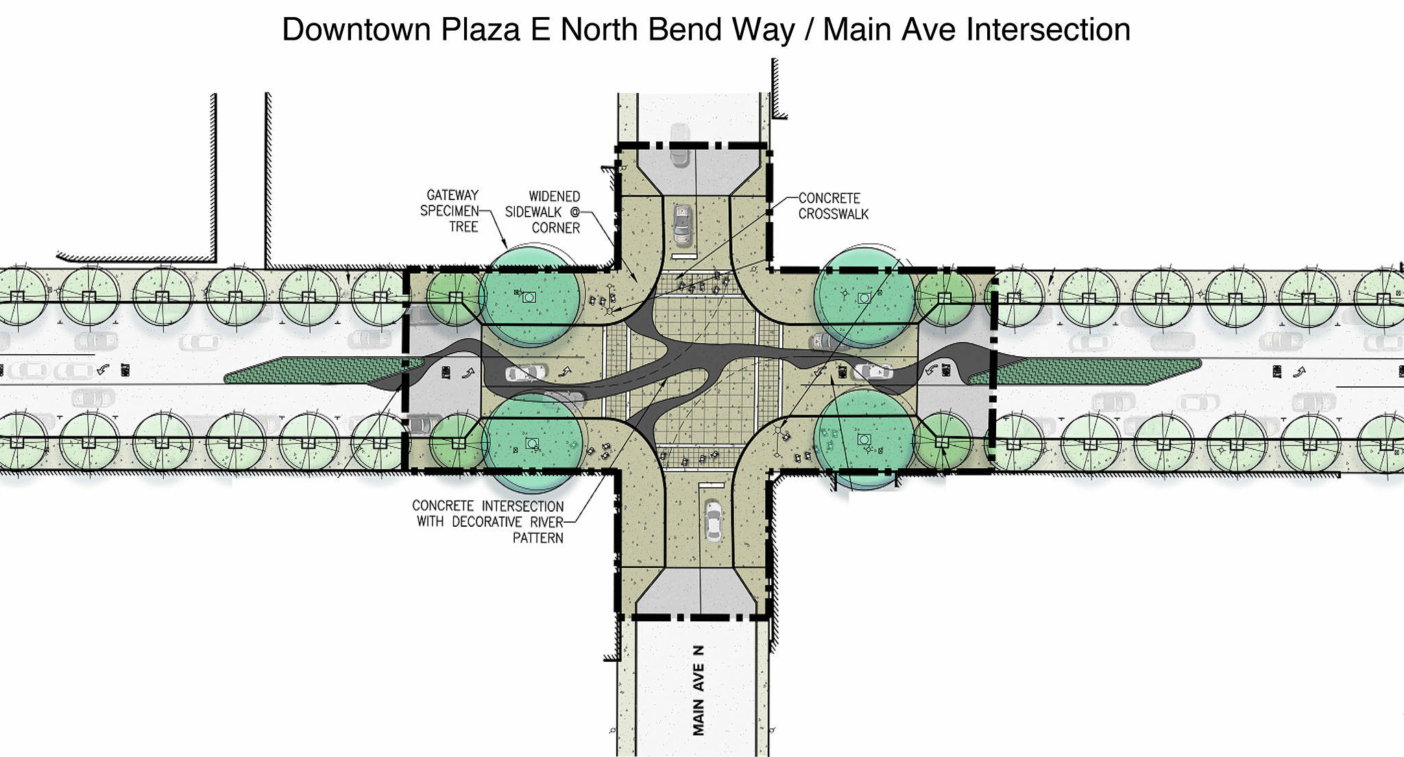 The final design for North Bend&rsquo;s downtown plaza project will feature wider sidewalks, improved street furniture and a unique raised intersection, stamped with a depiction of the three forks of the Snoqualmie River.                                Courtesy image