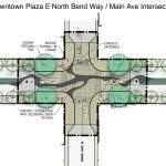 The final design for North Bend&rsquo;s downtown plaza project will feature wider sidewalks, improved street furniture and a unique raised intersection, stamped with a depiction of the three forks of the Snoqualmie River.                                Courtesy image