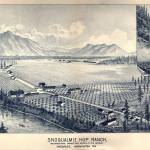 The oldest known image of the Meadowbrook Farm property is an artist&rsquo;s rendition of the Snoqualmie Hop Ranch in 1889. (Image courtesy of Snoqualmie Valley Historical Museum)