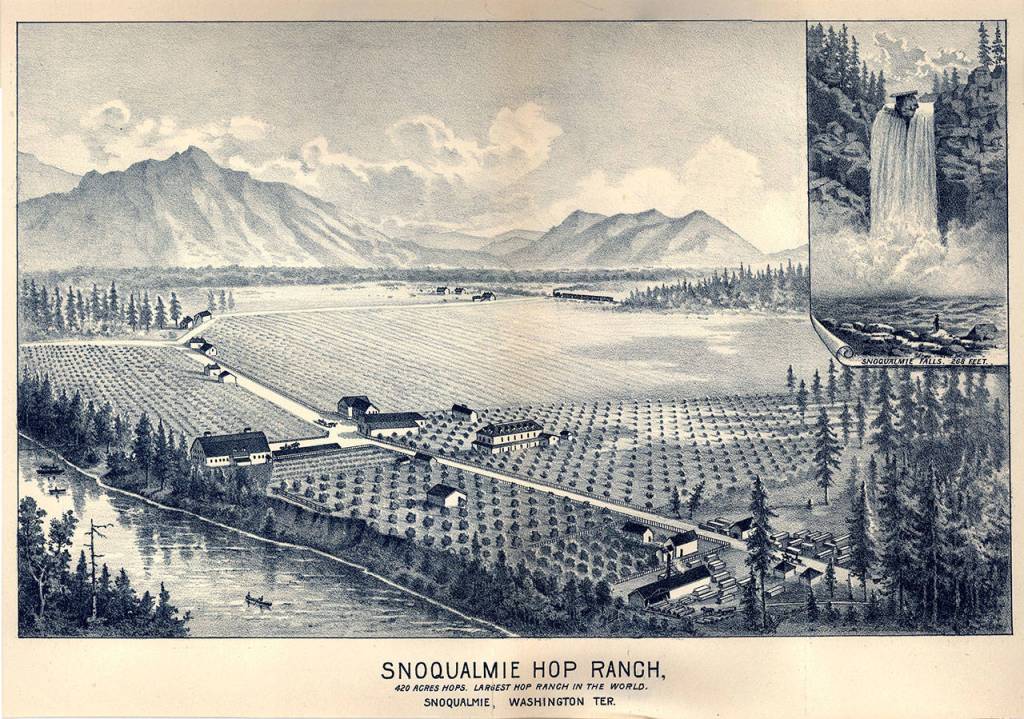 The oldest known image of the Meadowbrook Farm property is an artist&rsquo;s rendition of the Snoqualmie Hop Ranch in 1889. (Image courtesy of Snoqualmie Valley Historical Museum)