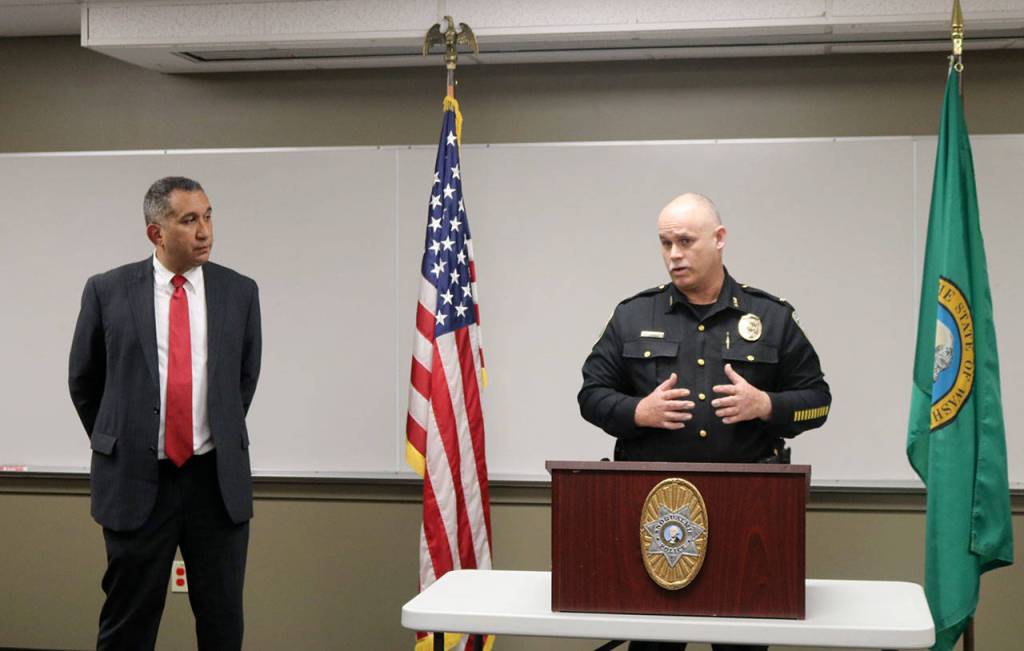 Carlos Mojica, assistant special agent in charge at the Seattle FBI, and Snoqualmie Police Chief Perry Phipps gave a joint press conference on the training exercise Thursday. (Evan Pappas/Staff Photo)