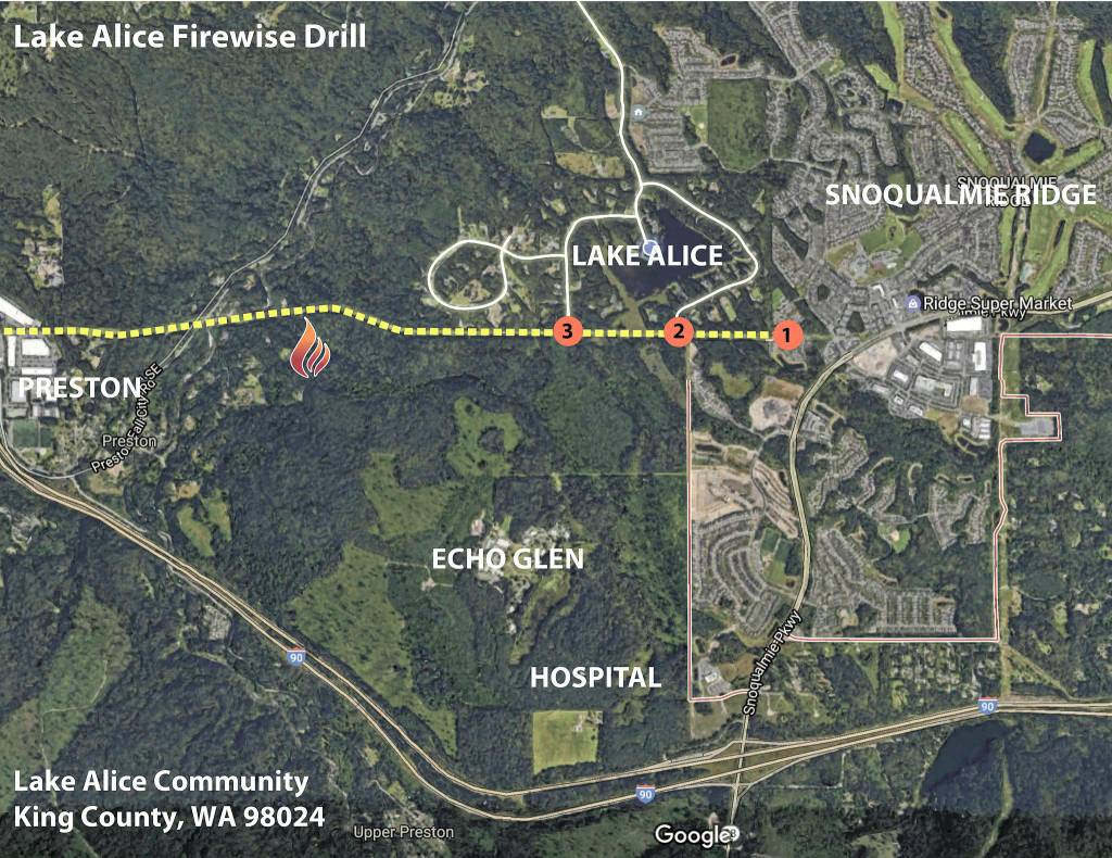 A map of the Lake Alice community&rsquo;s Firewise drill showing the path of the power line access road from the Snoqualmie Ridge through to Preston. (Courtesy Photo)