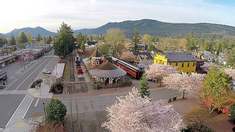 Downtown Snoqualmie on Easter Sunday all but sparkles with sunshine and cherry blossoms in this beautifully scenic photo from Fall City droneographer George Conway. Find your stunning scenic shots now and enter them soon in the Valley Record&rsquo;s annual Amateur Photo Contest. The deadline to enter is 11:59 p.m. Wednesday, May 10.                                Courtesy Photo