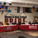 Twenty Mount Si students were gathered on the morning of April 19 to celebrate their acceptance onto college athletic teams and music programs.                                 Photo courtesy of Calder Productions