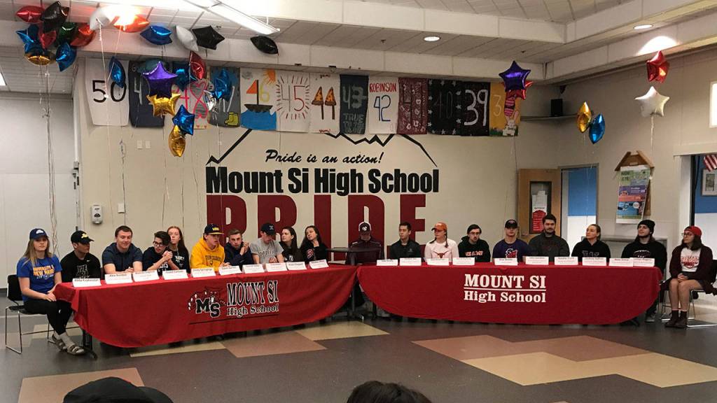 Twenty Mount Si students were gathered on the morning of April 19 to celebrate their acceptance onto college athletic teams and music programs.                                 Photo courtesy of Calder Productions