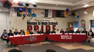 Twenty Mount Si students were gathered on the morning of April 19 to celebrate their acceptance onto college athletic teams and music programs.                                 Photo courtesy of Calder Productions