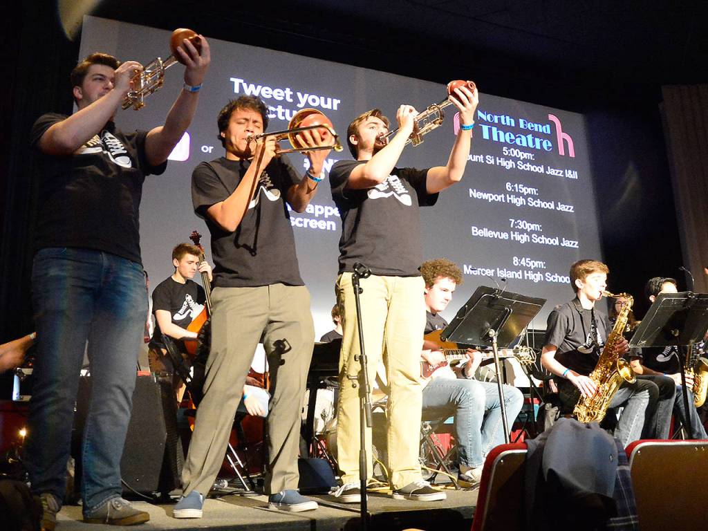 Mount Si High School&rsquo;s Jazz Band I students jam on stage at the North Bend Theater, host to the annual High School Jazz Showcase.                                Mary Miller Photo