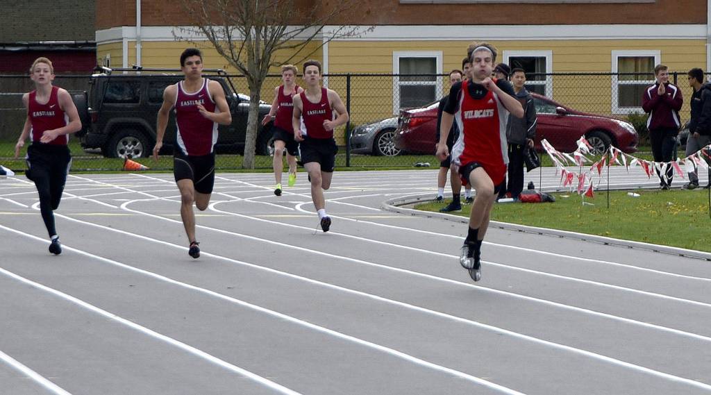 Senior Sal Passatino, chased by a field of Eastlake athletes, takes first place for Mount Si in the 400-meter race, Thursday, with a time of 55.58                                Carol Ladwig/Staff Photo