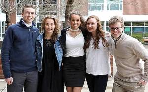 Eastside Catholic High School has named the following students valedictorians, from left: Andrew Charters, Jamie Krueger, Rachel DePencier, Maria Gregg, Paul Riddle.                                Courtesy Photo