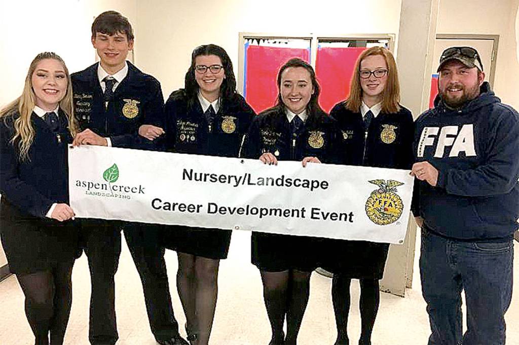 Members of the winning FFA landscape team included Kendra Mutch, Ben Benson, Zakya Misallati, Nicole Ballard, and Brittney Trujillo, with advisor Seth Thomas.