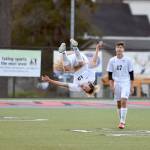 Caelan Johnson does a flip after scoring a goal against Inglemoor in the first half of the game on Friday, April 28. (Photo courtesy of Calder Productions)