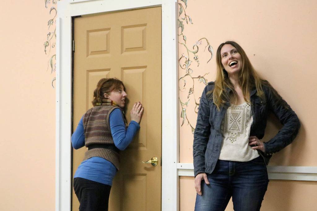 Meredith tries to eavesdrop on Georgeanne, a fellow bridesmaid played by Robin-Wallbeck-Forrest, while Trisha explains that she shouldn&rsquo;t pry into others&rsquo; personal business.                                (Evan Pappas/Staff Photo)