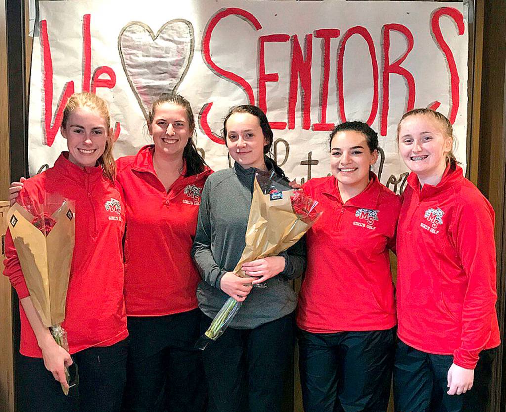 Mount Si High School&rsquo;s girls golf team celebrated five seniors, from left, Morgan Ross, Rachel Warnke, Ashley Miller, Auni Edwards and Peyton Smothers.                                Courtesy Photo