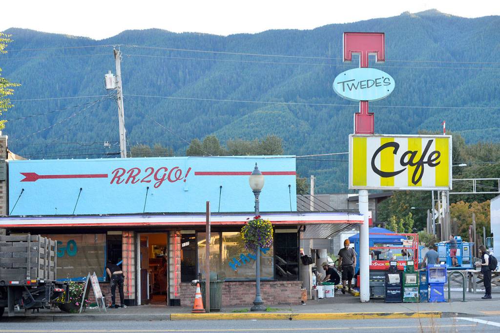 The Twin Peaks film crew worked on updates to the interior and exterior of Twede&rsquo;s Cafe in North Bend in 2015, for filming of the new series.                                (Photo courtesy of Mary Miller)