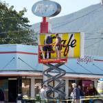 Film crews work to change the Twede&rsquo;s sign for the filming of the new Twin Peaks series in 2015.                                (Photo courtesy of Mary Miller)