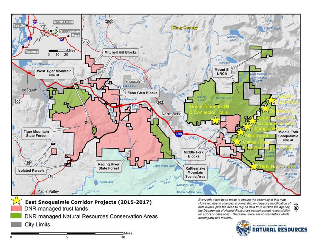 A DNR map of the Snoqualmie Corridor which highlights the projects in the works for the Mount Si and Middle Fork Snoqualmie NRCAs. (Courtesy Image)
