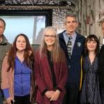 City officials and Twin Peaks cast and crew got together for a photo at Saturday&rsquo;s event. From left, Location Scout and Manager Dave Drummond, Events Consultant Lizzy Billington, Actor Jodee Thelen, Snoqualmie Mayor Matt Larson, Actor Lisa Coronado, and Parks and Recreation Director Dan Marcinko. (Evan Pappas/Staff Photo)