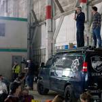 Snoqualmie Mayor Matt Larson and Compass Outdoor Adventure Owner Luke Talbott speak to the crowd before the movie begins and hand out prizes to the winners of the scavenger hunt.                                (Evan Pappas/Staff Photo)