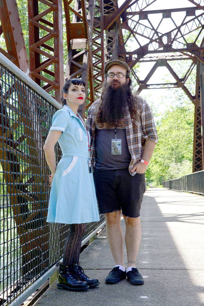 Fans dressed as characters from the show posed for photos on Ronette&rsquo;s Bride, during Sunday&rsquo;s tour of filming locations for North Bend&rsquo;s &ldquo;Twin Peaks&rdquo; premiere party.                                 (Mary Miller Photo)