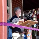 North Bend Mayor Ken Hearing, right, and King County Councilwoman Kathy Lambert spoke Sunday at the Northwest Railway Museum&rsquo;s anniversary celebration at the Snoqualmie Depot.                                Carol Ladwig/Staff Photo
