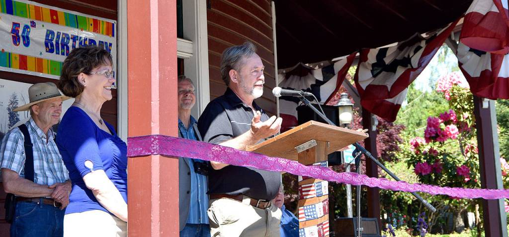 North Bend Mayor Ken Hearing, right, and King County Councilwoman Kathy Lambert spoke Sunday at the Northwest Railway Museum&rsquo;s anniversary celebration at the Snoqualmie Depot.                                Carol Ladwig/Staff Photo