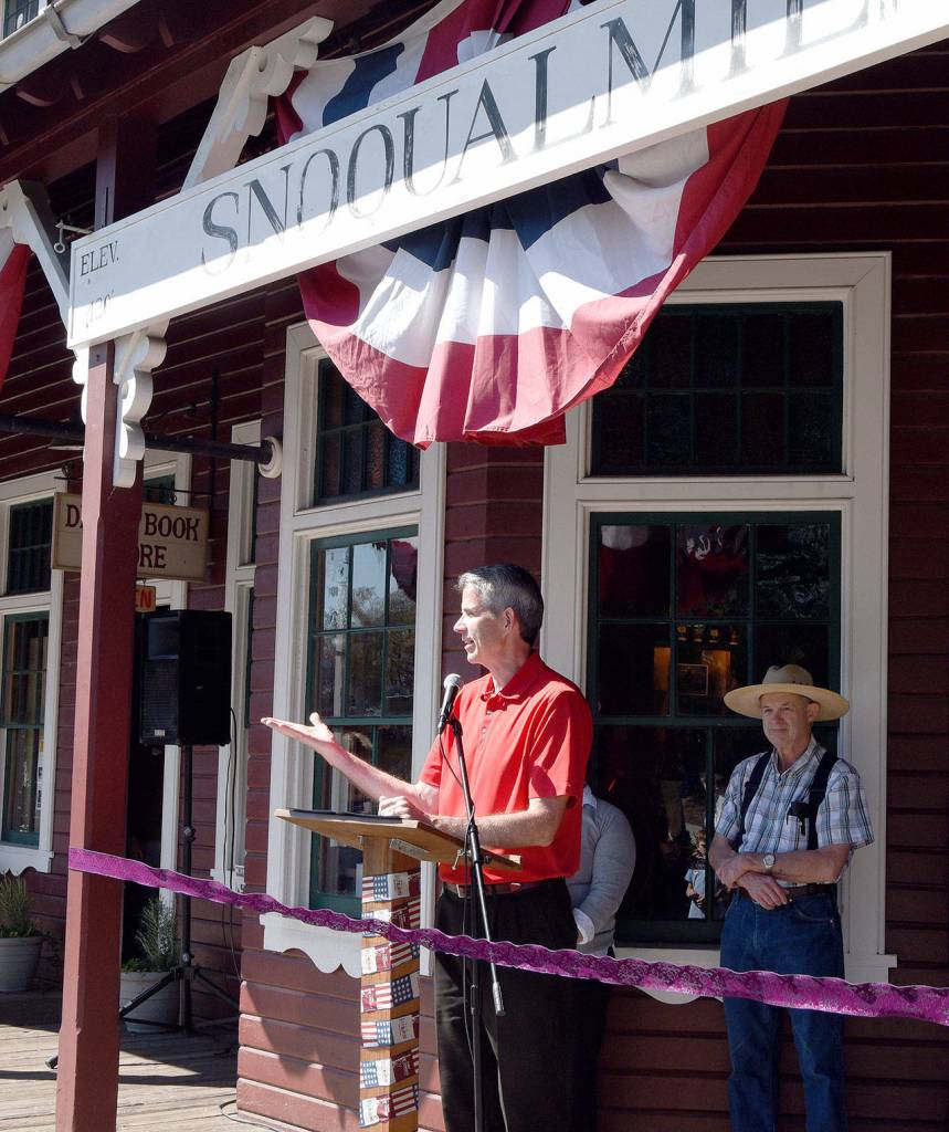 Snoqualmie Mayor Matt Larson discussed the accomplishments of the Northwest Railway Museum in creating its 10-year-old history campus, Sunday, saying that his involvement with that effort, along with the partnerships that were formed, is something he would always be proud of.                                Carol Ladwig/Staff Photo