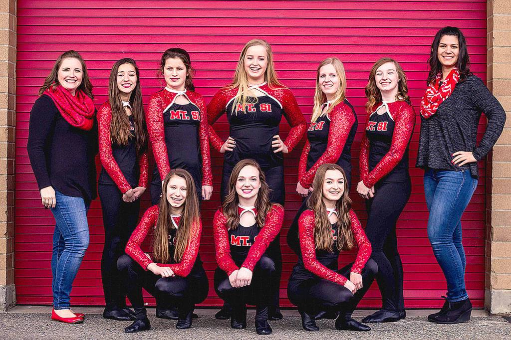 Mount Si&rsquo;s dance team, pictured from left: back row - coach Jen Stokes, CJ Tse, Serena Waters, Clarissa Ricks, Camille Ostrem, Gracie Stokes, Assistant Coach Megan Maxwell; front row - Morgan Wadsworth, Emma Eubanks, Ellie Wood.                                Courtesy Photo