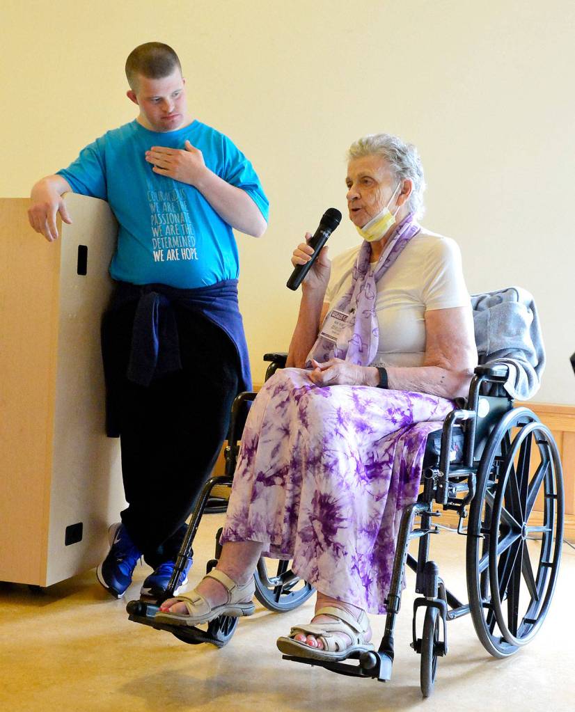 Relay for Life Chairperson Bev Jorgensen, with her son Greg, spoke at Sunday&rsquo;s luncheon in celebration of cancer survivors. Jorgensen joined their ranks as a survivor last year.                                Photo courtesy of Mary Miller