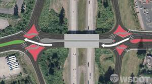 An example of the diverging diamond to be used in the new S.R. 18 and I-90 interchange is illustrated in a video on Snoqualmie&rsquo;s website.                                 (Courtesy Photo)